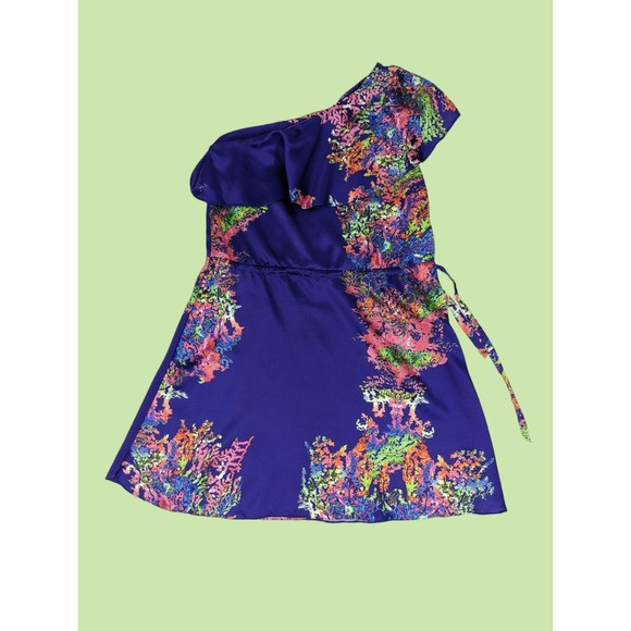 HALSTON Heritage Dress 4 purple One Sleeve RUFFLE SILK Floral - Picture 3 of 5